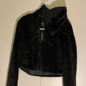 Black Faux Fur Cropped Hooded Jacket.